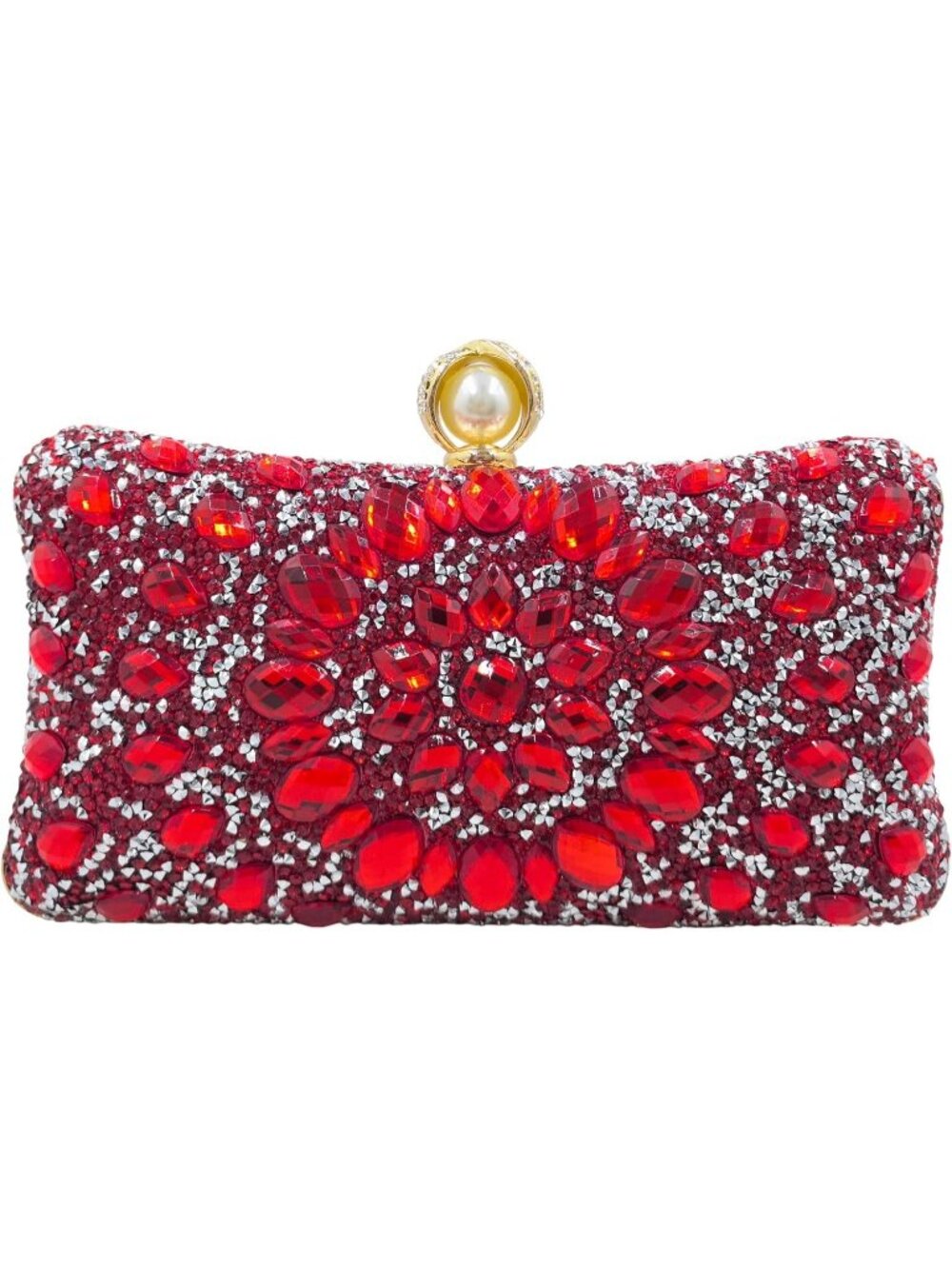 Women's Red Pearl Rhinestone Clutch Evening Bag Wedding Crystal Handbag